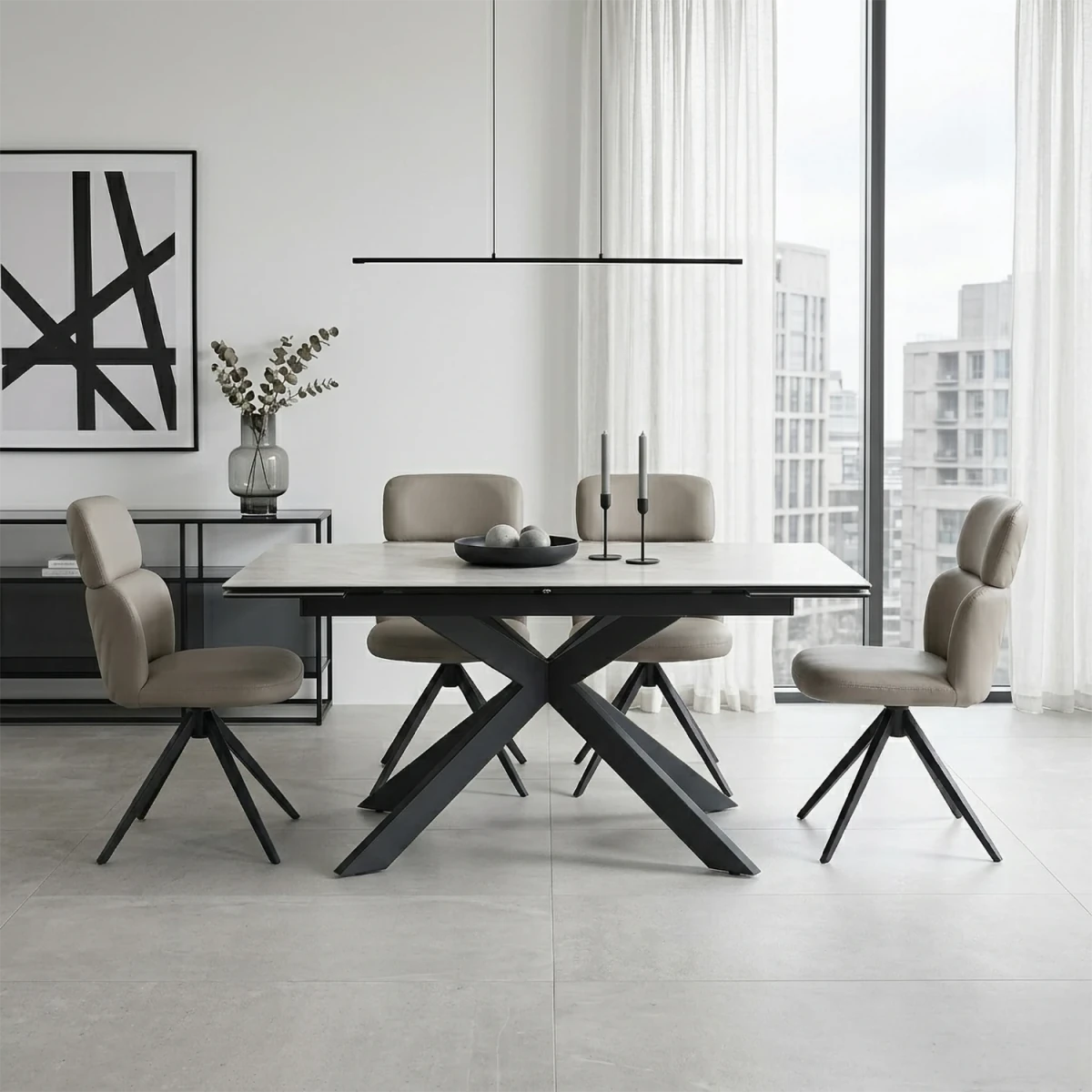 Athena Sand Ceramic Extending Dining Table with 4 Sydney Chairs - 130–180cm