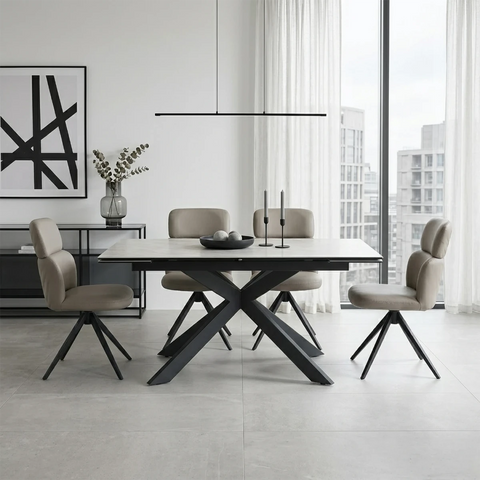 Athena Sand Ceramic Extending Dining Table with 4 Sydney Chairs - 130–180cm