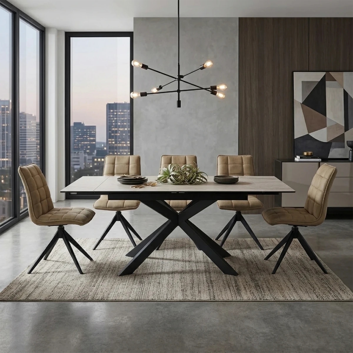Athena Sand Ceramic Extending Dining Table with 4 Warrior Swivel Chairs - 130–180cm