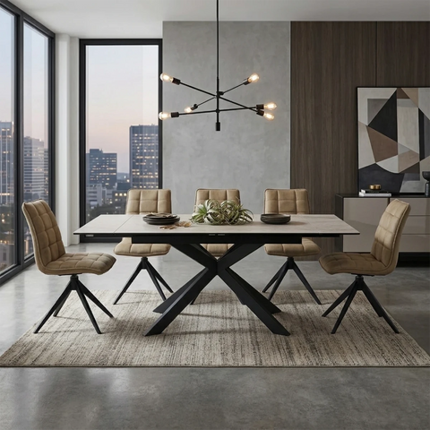 Athena Sand Ceramic Extending Dining Table with 4 Warrior Swivel Chairs - 130–180cm