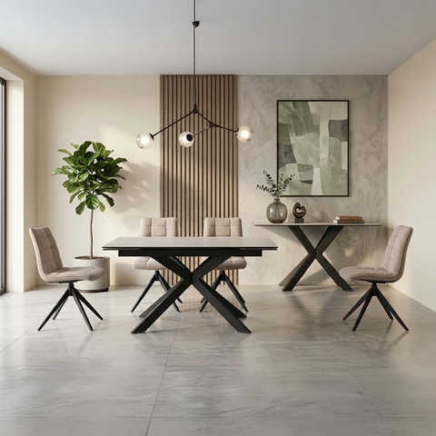 Athena Sand Ceramic Extending Dining Table with 4 Warrior Swivel Chairs - 130–180cm