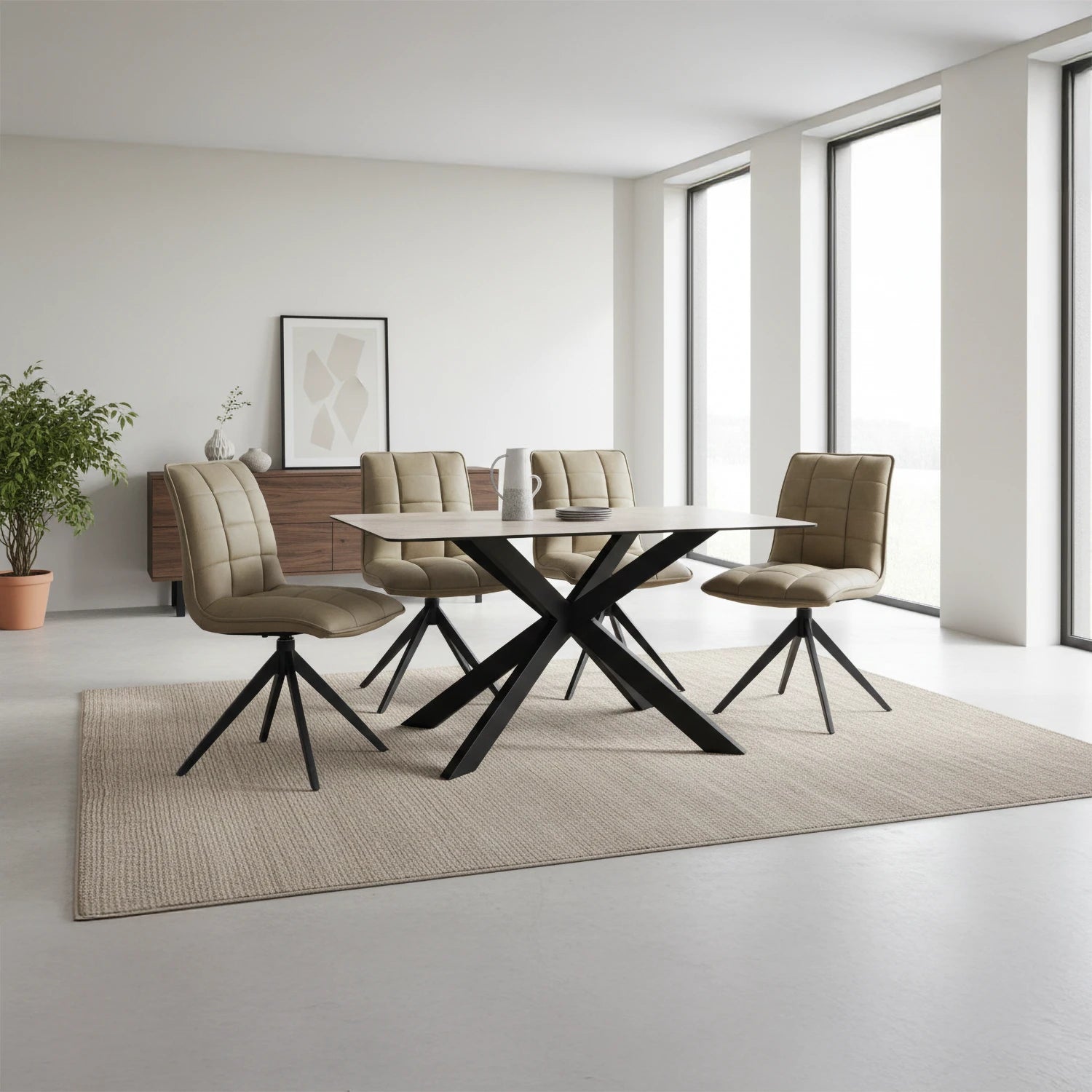 Athena sand ceramic dining table with 4 or 6 Warrior taupe swivel chairs. Modern, durable ceramic top with stylish quilted velvet seating. Free delivery.