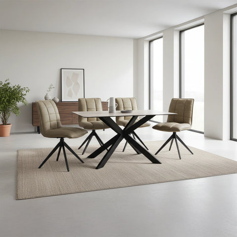 Athena sand ceramic dining table with 4 or 6 Warrior taupe swivel chairs. Modern, durable ceramic top with stylish quilted velvet seating. Free delivery.