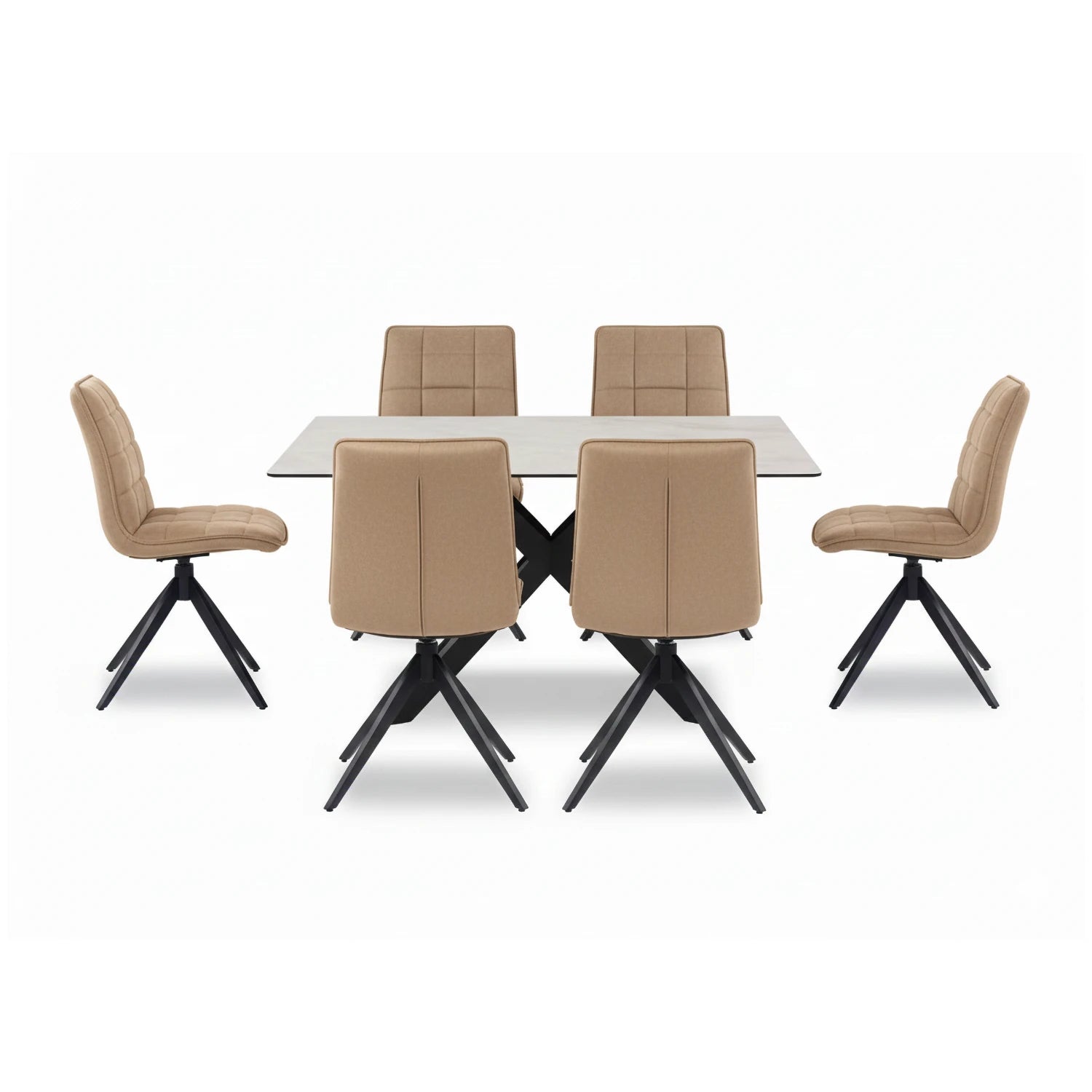 Athena sand ceramic dining table with 6 Warrior taupe swivel chairs. 