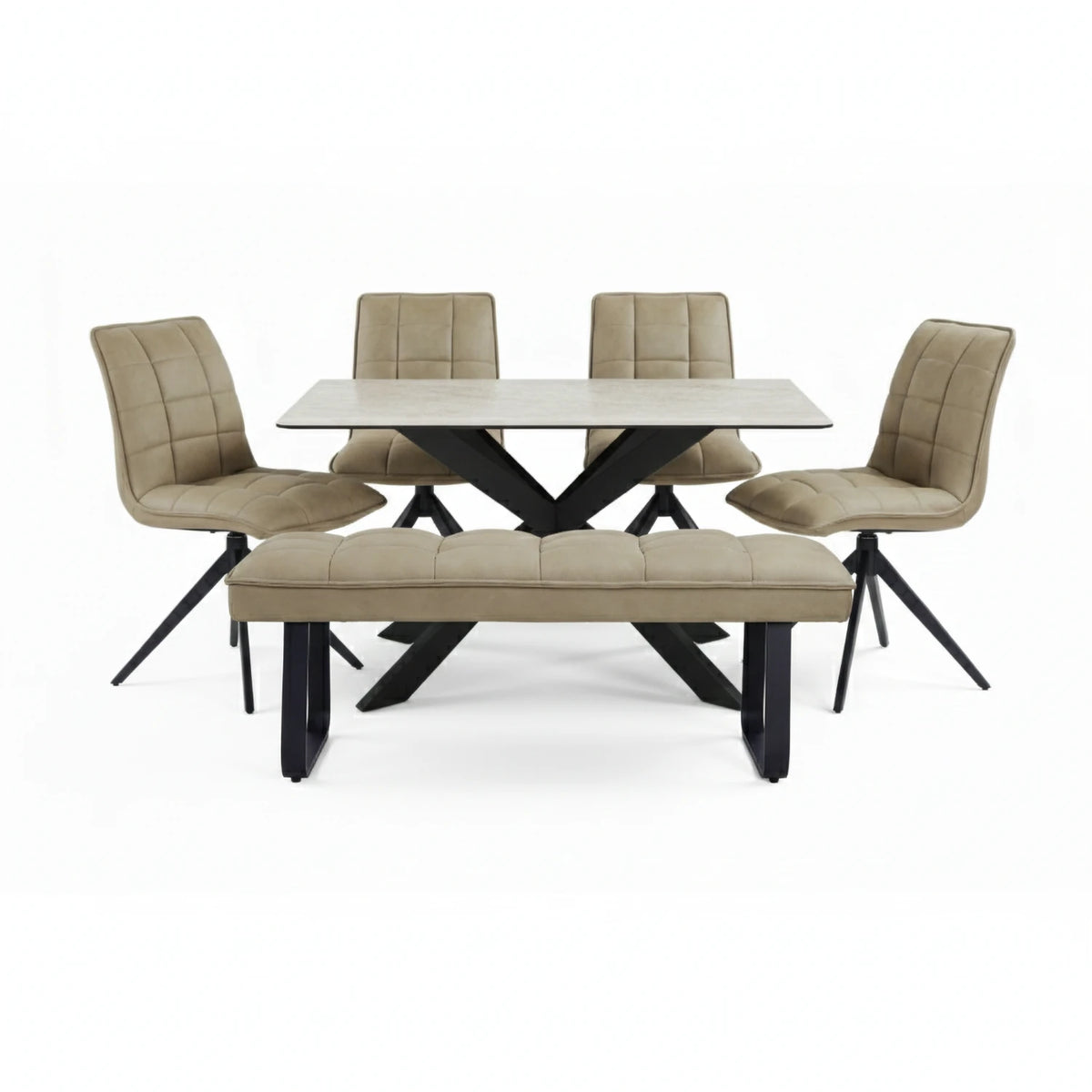 Athena 135cm Sand Ceramic Dining Table with 4 Chairs and Backless Bench