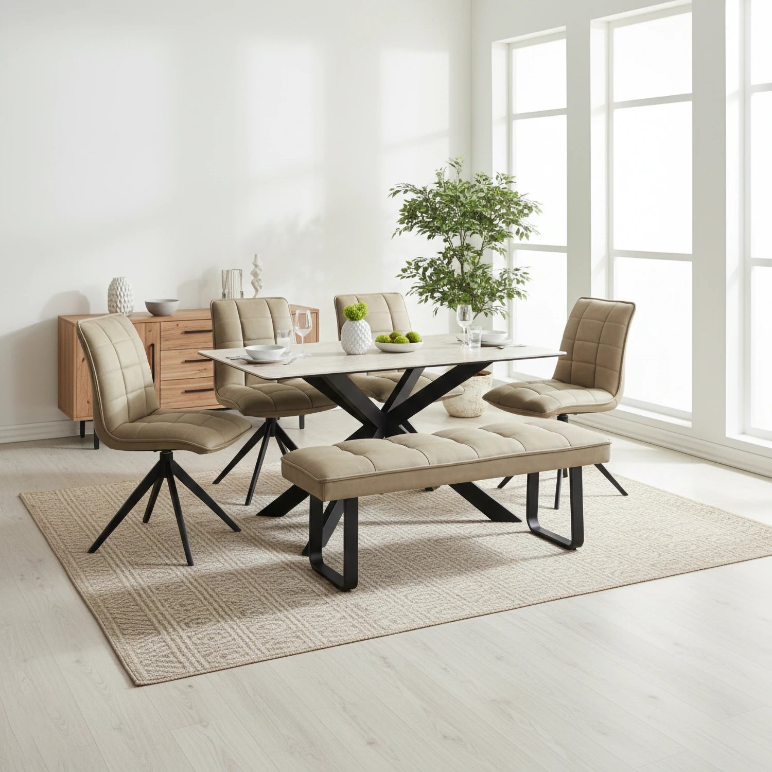 Athena 135cm Small Sand Ceramic Dining Table with 4 Chairs and Backless Bench Set