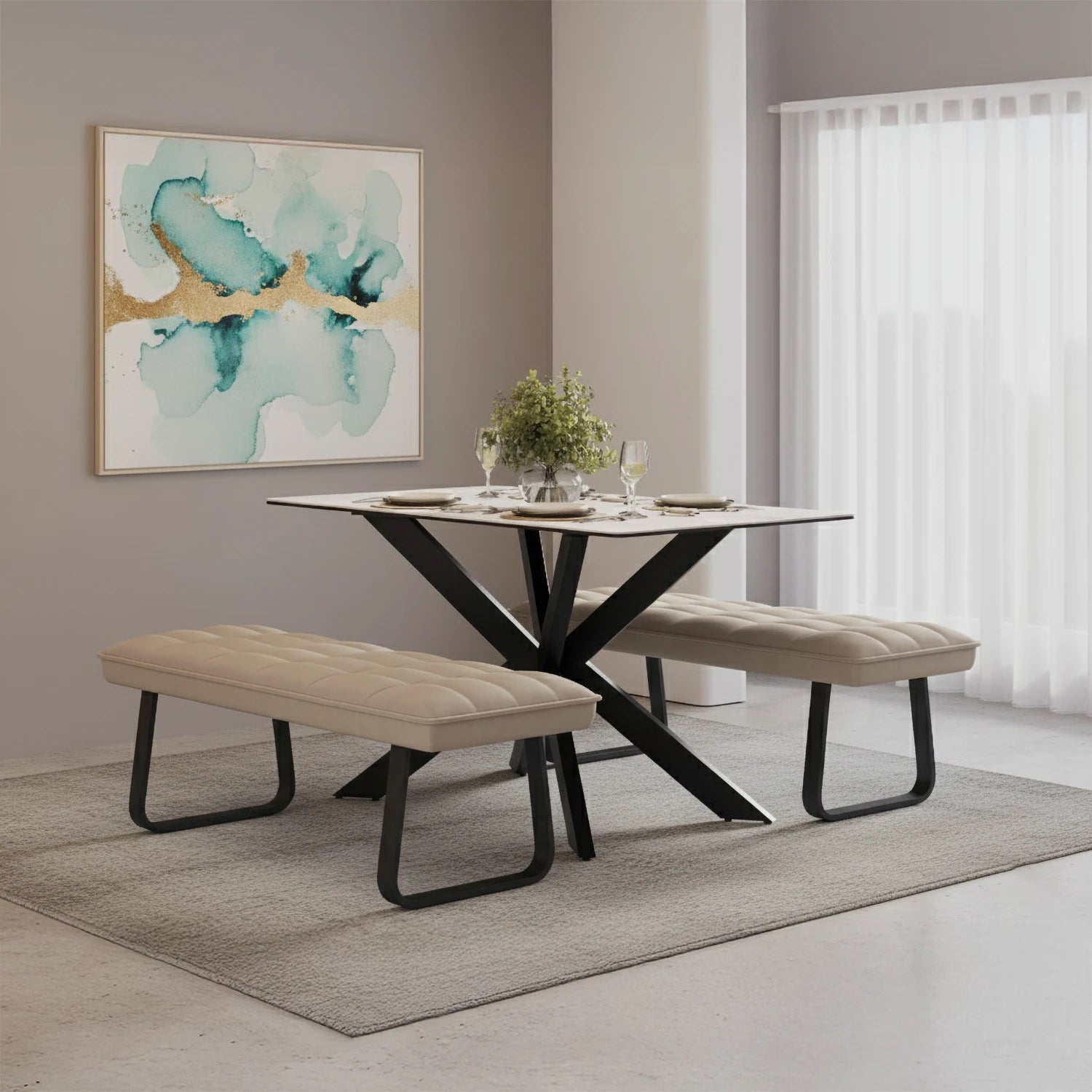 Athena 135cm Sand Ceramic Dining Table with Backless Bench on either side
