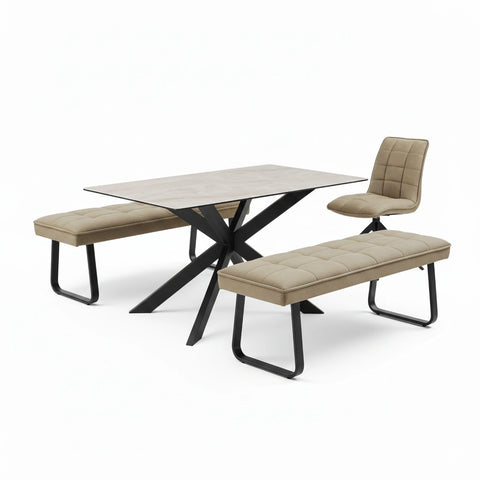 Athena 135cm Sand Ceramic Dining Table with Chairs and Backless Bench