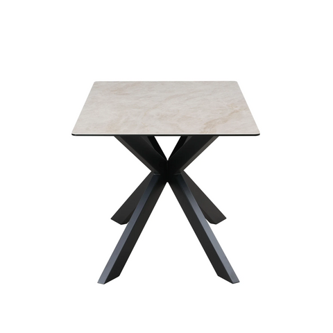 Side view of Athena Sand Ceramic top 4 Seater Dining table with black Metal legs