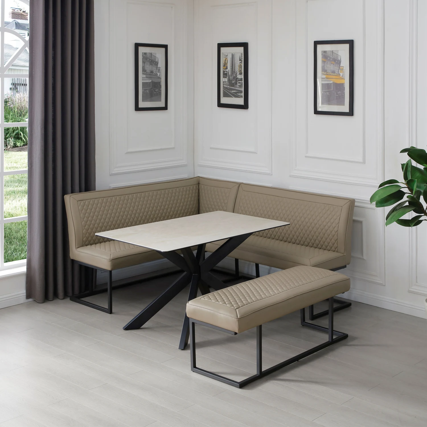 Lifestyle image of Athena 135cm modern ceramic dining set with bench seating