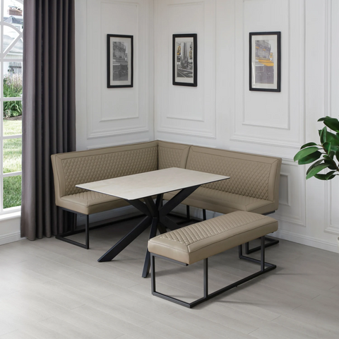 Athena Taupe Leather Corner Bench Set - Modern dining set with beige leather corner bench and low bench 