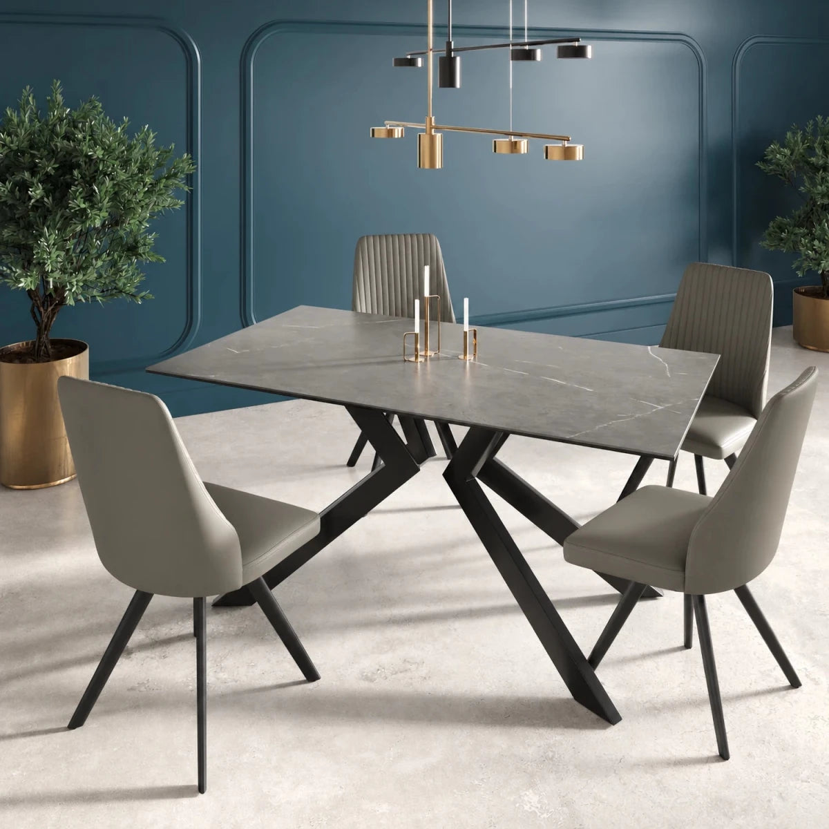 Shop the Athens 160cm Matt Grey Ceramic Dining Table with 4 or 6 matching Dark Grey Faux Leather Chairs. Stylish, durable dining furniture for modern homes.