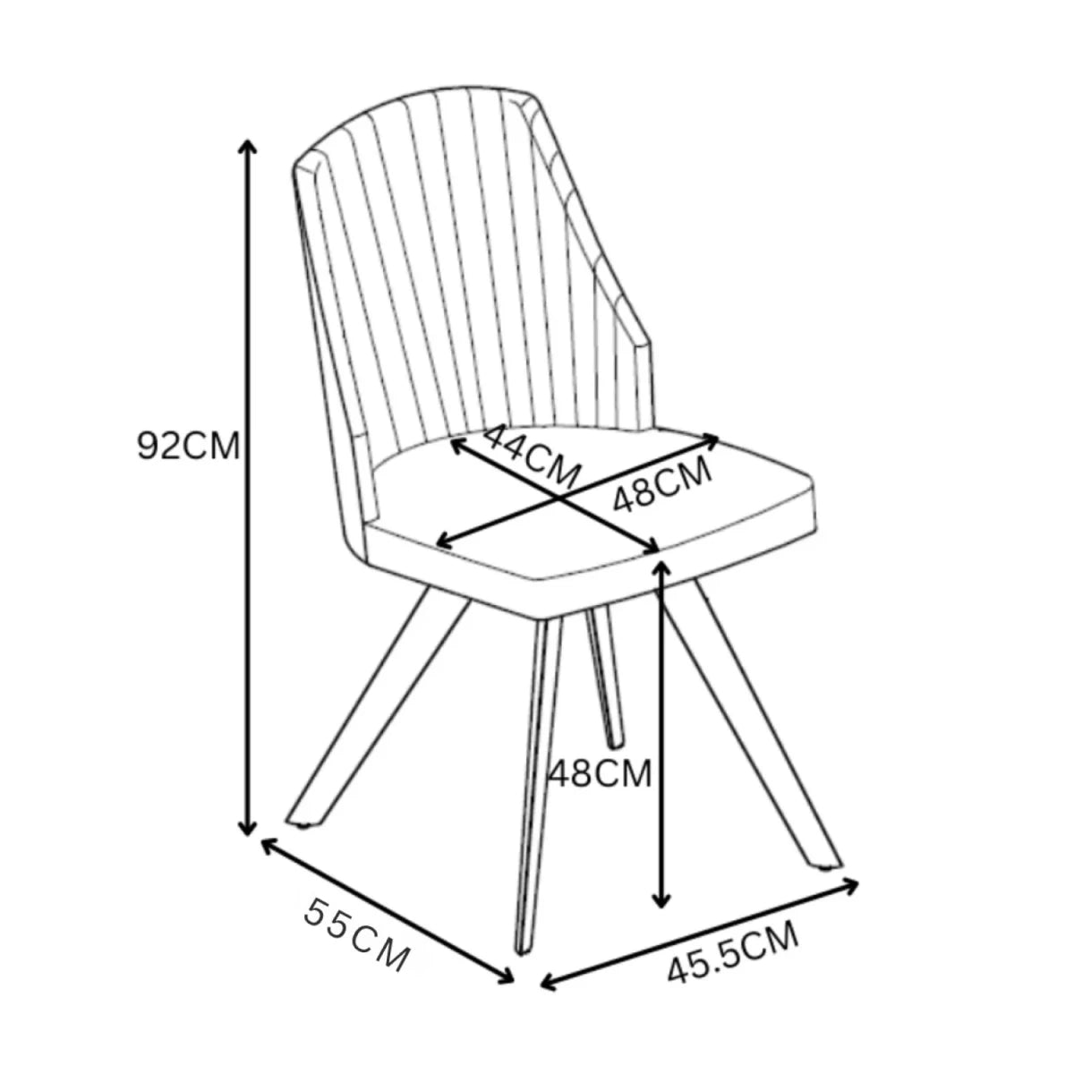 Black and white line drawing of a Athens leather dining chair with dimension labels showing height, width, and depth measurements.