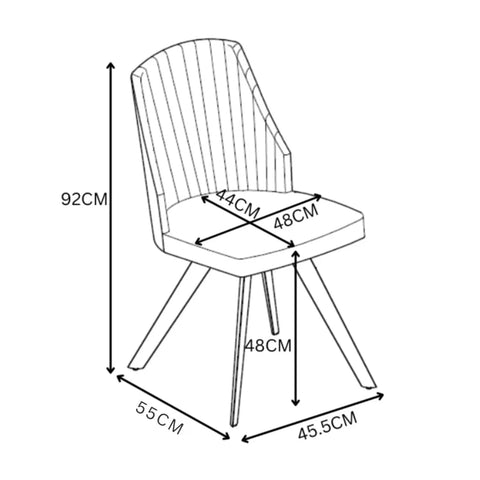 Black and white line drawing of a Athens leather dining chair with dimension labels showing height, width, and depth measurements.