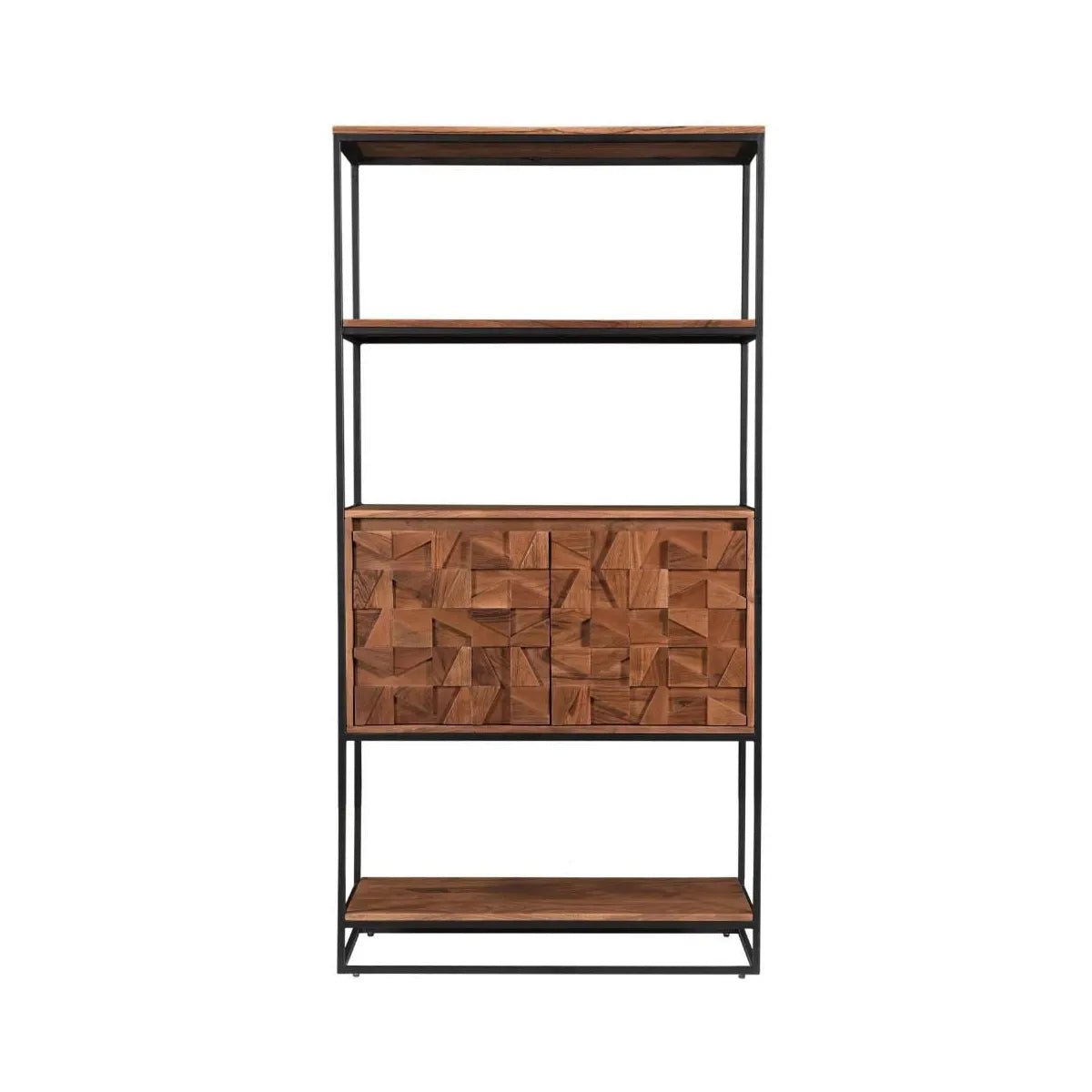 Atticus Bookcase front view with open shelving and carved door Front View