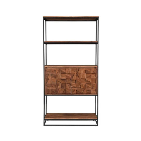 Atticus Bookcase front view with open shelving and carved door Front View