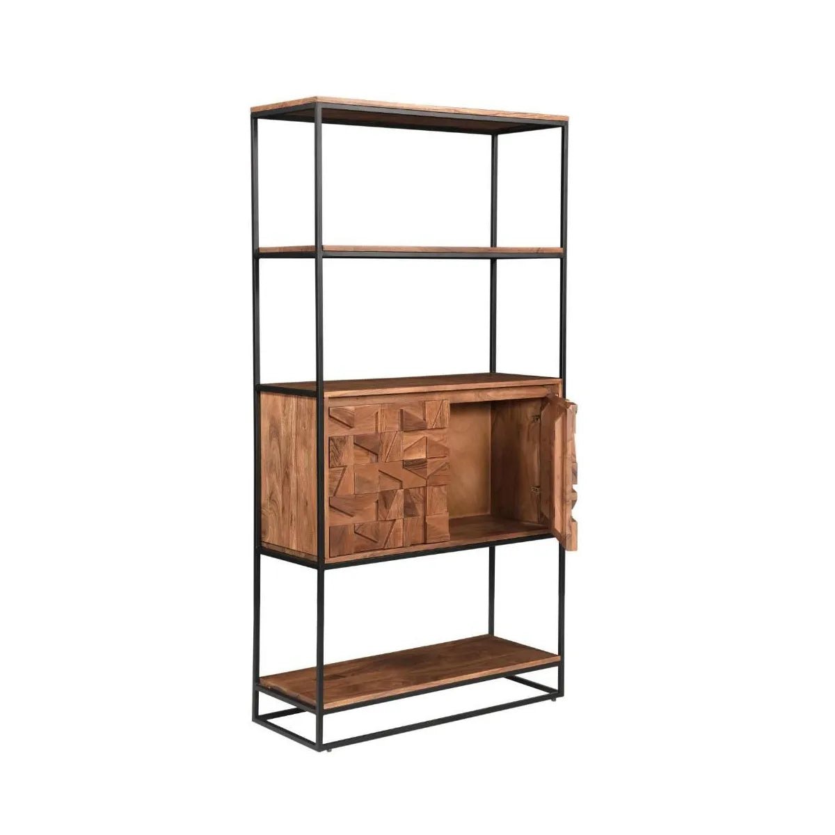 Atticus Bookcase front view with open shelving and carved door Angled View with an open door