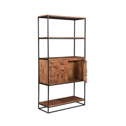 Atticus Bookcase front view with open shelving and carved door Angled View with an open door