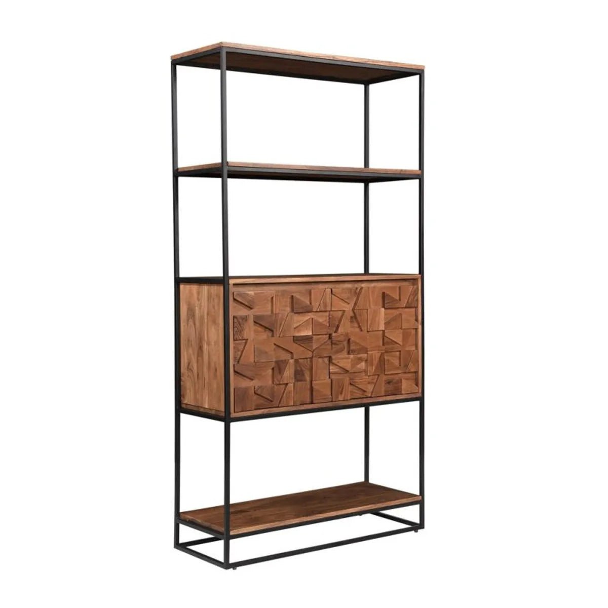 Atticus Bookcase front view with open shelving and carved door