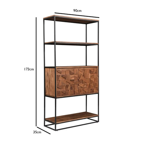 Dimensions of Atticus Bookcase front view with open shelving and carved door