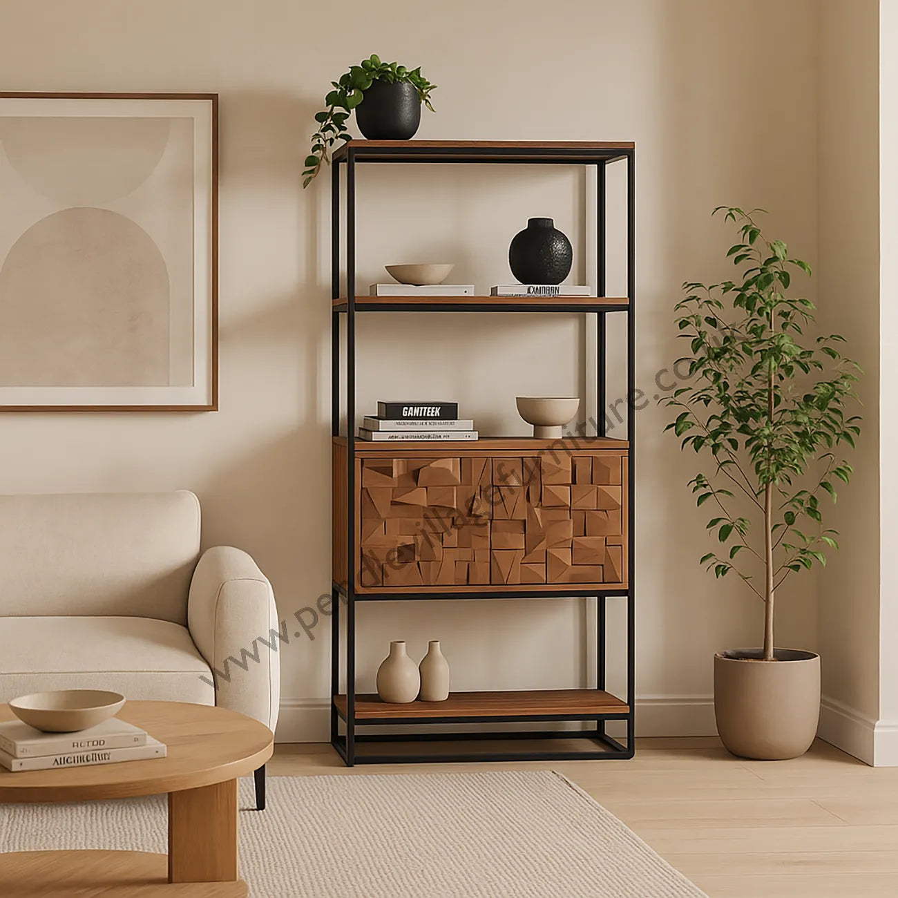 Atticus Bookcase front view with open shelving and carved door styled in a living room