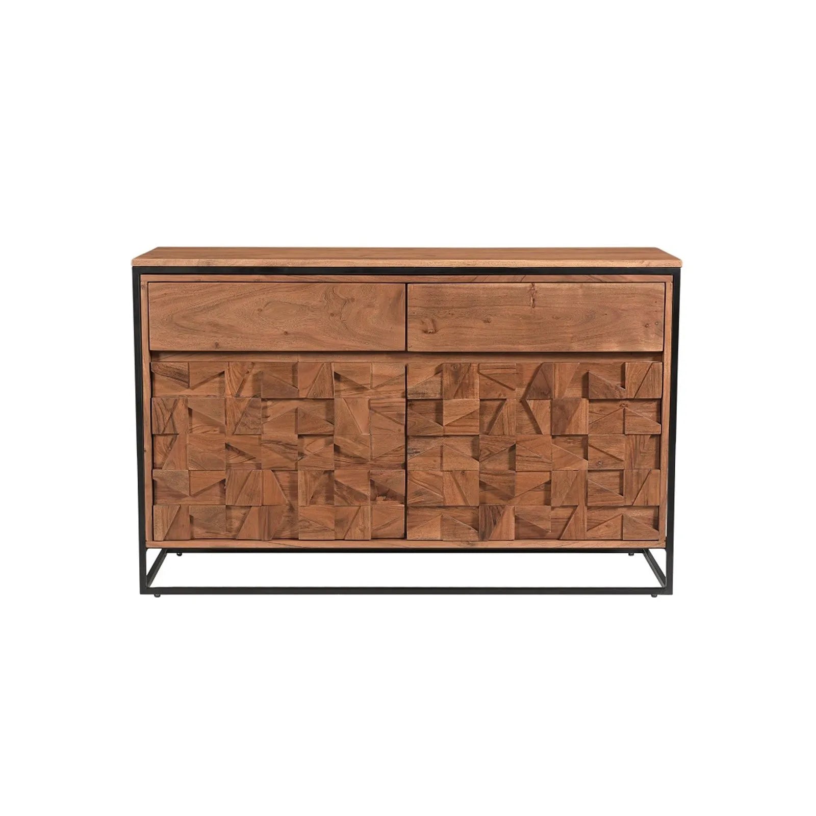 Atticus Small 2 Door Acacia Sideboard with Geometric Carved Doors with 2 drawers