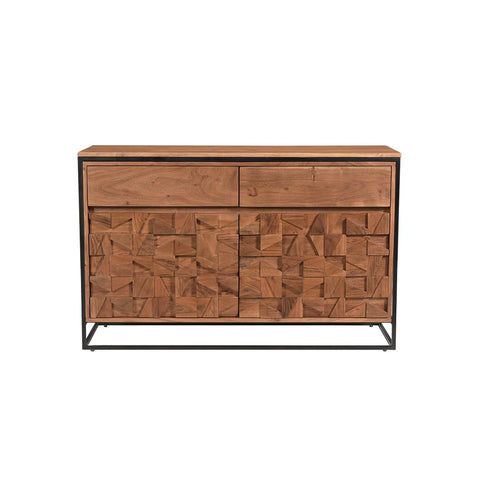 Atticus Small 2 Door Acacia Sideboard with Geometric Carved Doors with 2 drawers