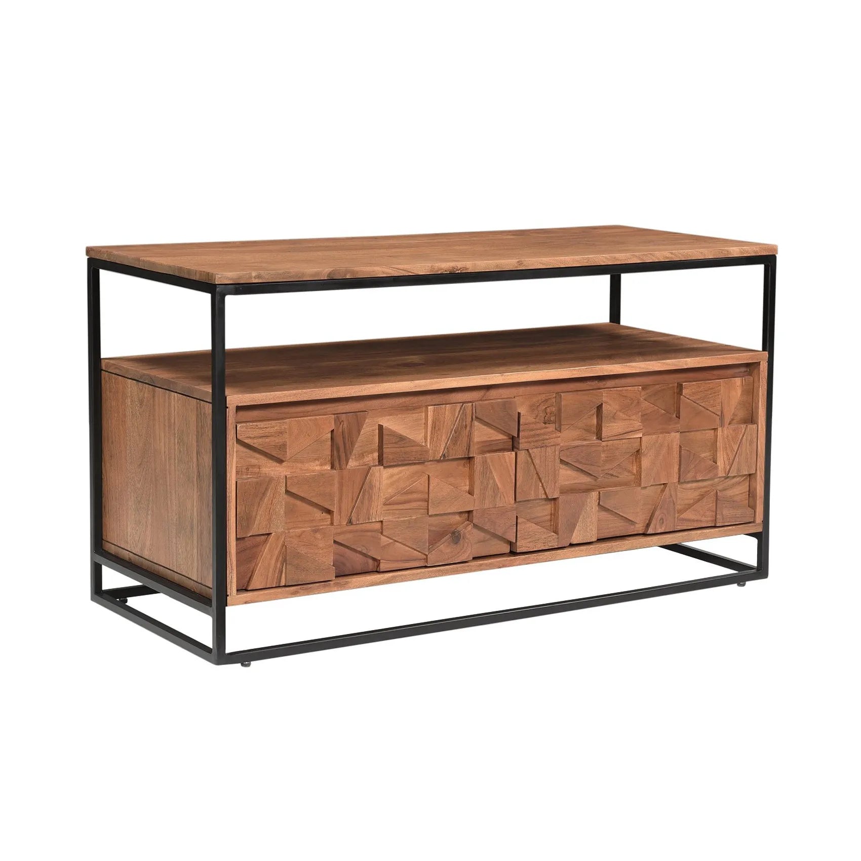 Compact Acacia wood TV unit with bold geometric carving, black metal frame, and smart storage. A striking industrial-style media solution.