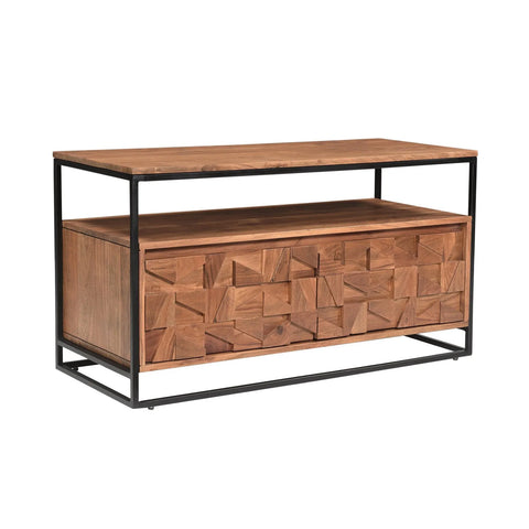 Compact Acacia wood TV unit with bold geometric carving, black metal frame, and smart storage. A striking industrial-style media solution.