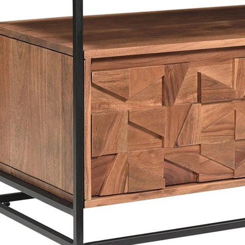 Close-up detail of Acacia wood texture and hand-carved panel design
