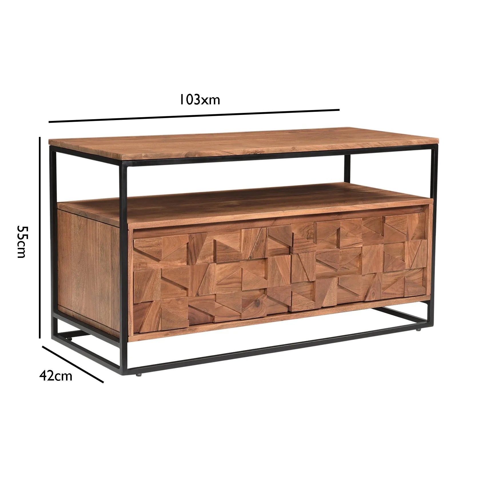 Dimensions Diagram of Acacia wood texture and hand-carved panel design.