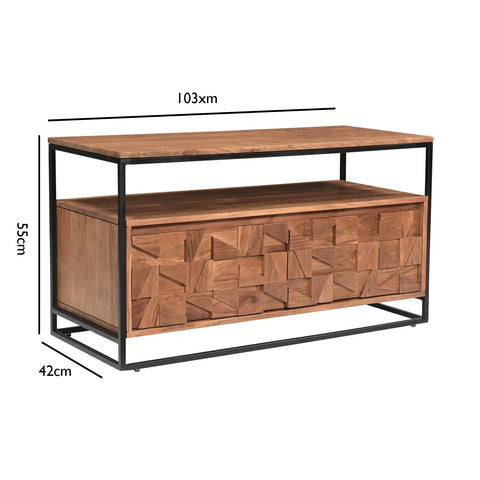 Dimensions Diagram of Acacia wood texture and hand-carved panel design.