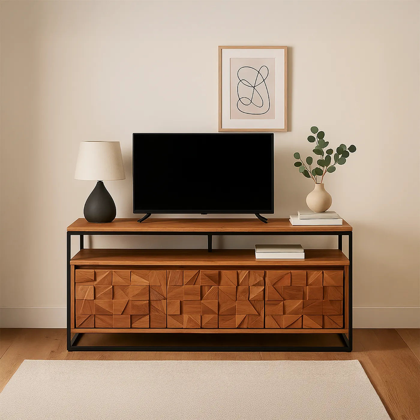 Atticus TV Unit front view showcasing geometric block pattern