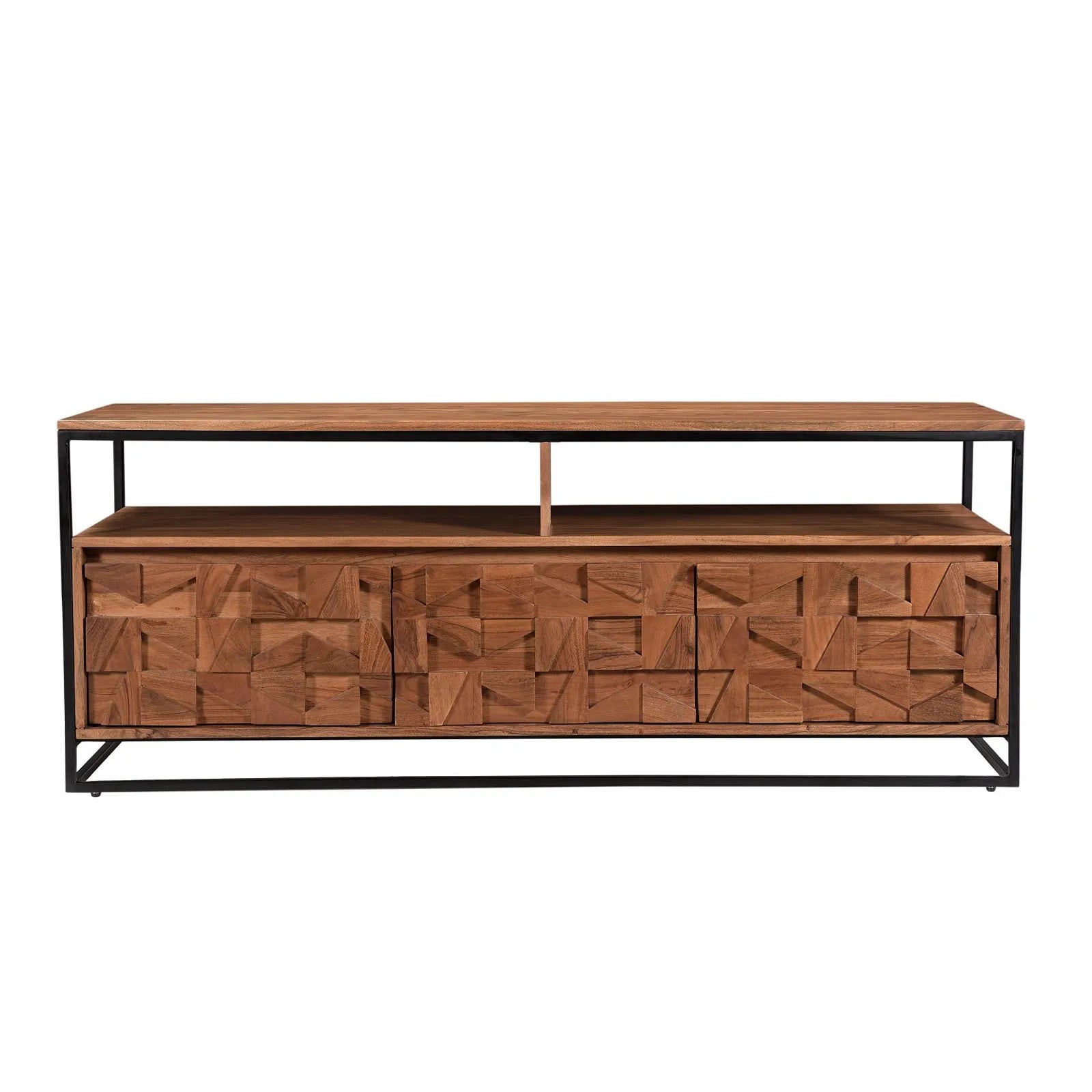 front view of Atticus Acacia Media Unit – carved 3D wood front, black metal frame, open shelf and storage cupboards. Modern, compact TV stand with bold design.
