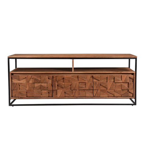front view of Atticus Acacia Media Unit – carved 3D wood front, black metal frame, open shelf and storage cupboards. Modern, compact TV stand with bold design.
