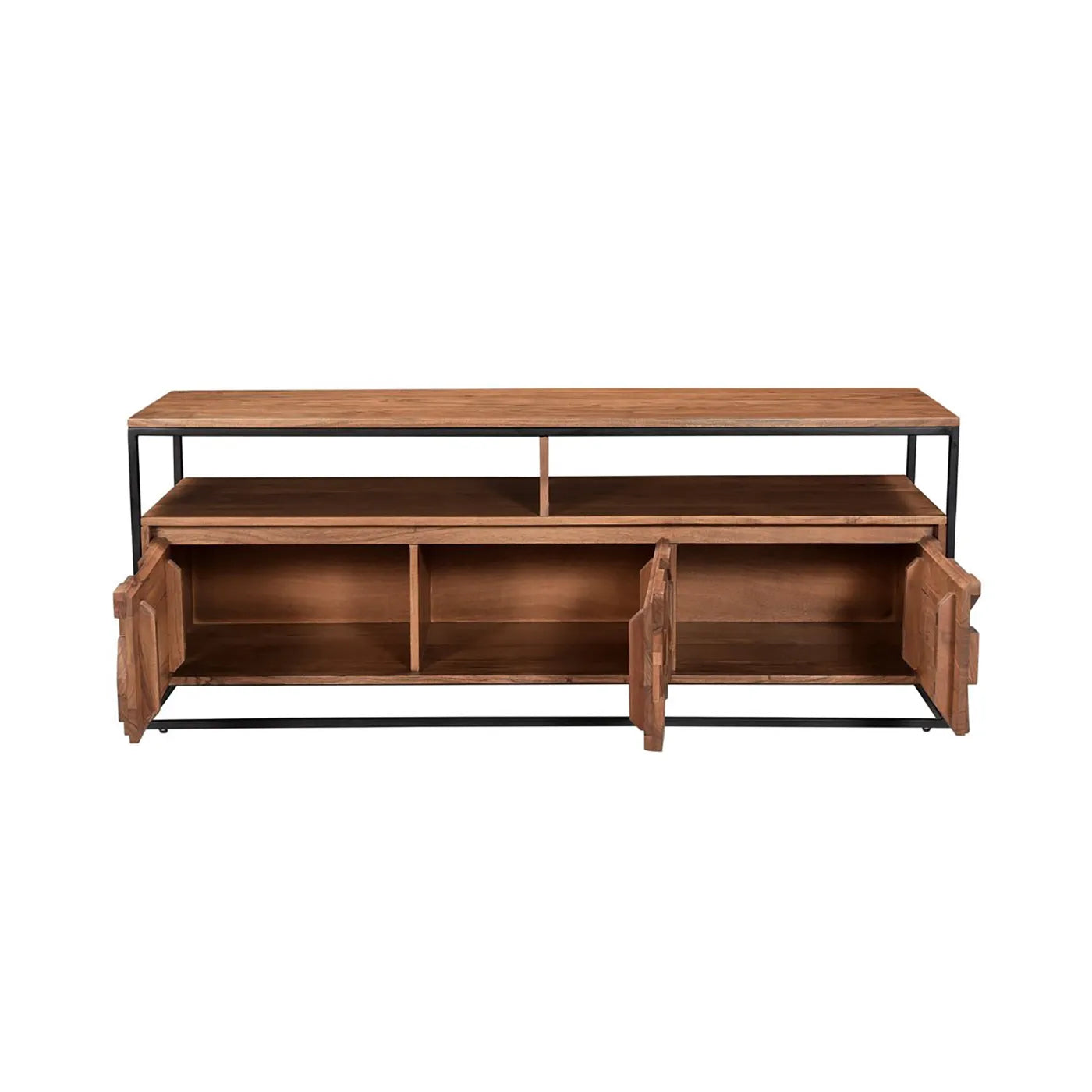 open doors Atticus Acacia Media Unit – carved 3D wood front, black metal frame, open shelf and storage cupboards. Modern, compact TV stand with bold design.
