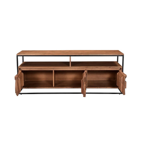 open doors Atticus Acacia Media Unit – carved 3D wood front, black metal frame, open shelf and storage cupboards. Modern, compact TV stand with bold design.

