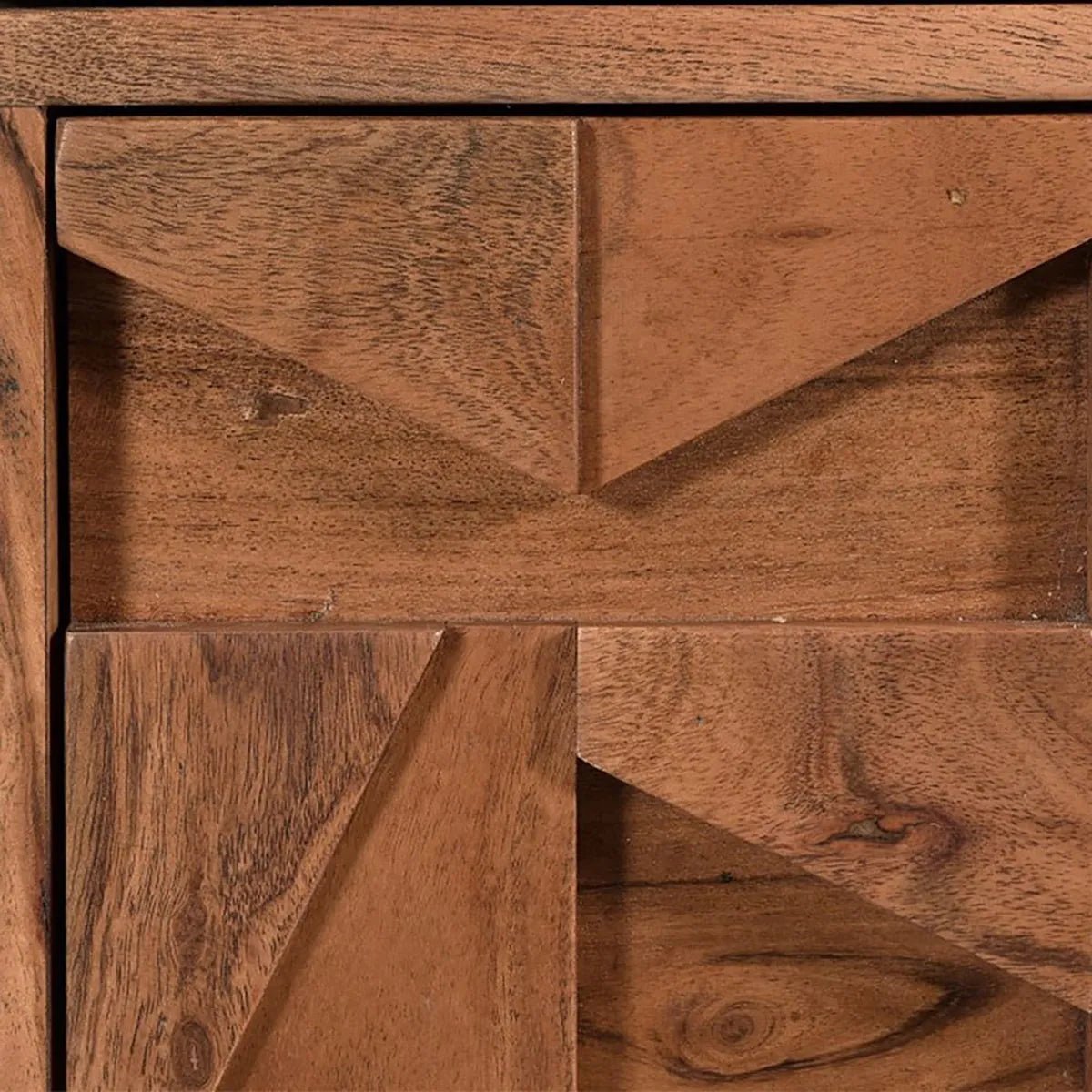 Front Detailing Atticus Acacia Media Unit – carved 3D wood front, black metal frame, open shelf and storage cupboards. Modern, compact TV stand with bold design.
