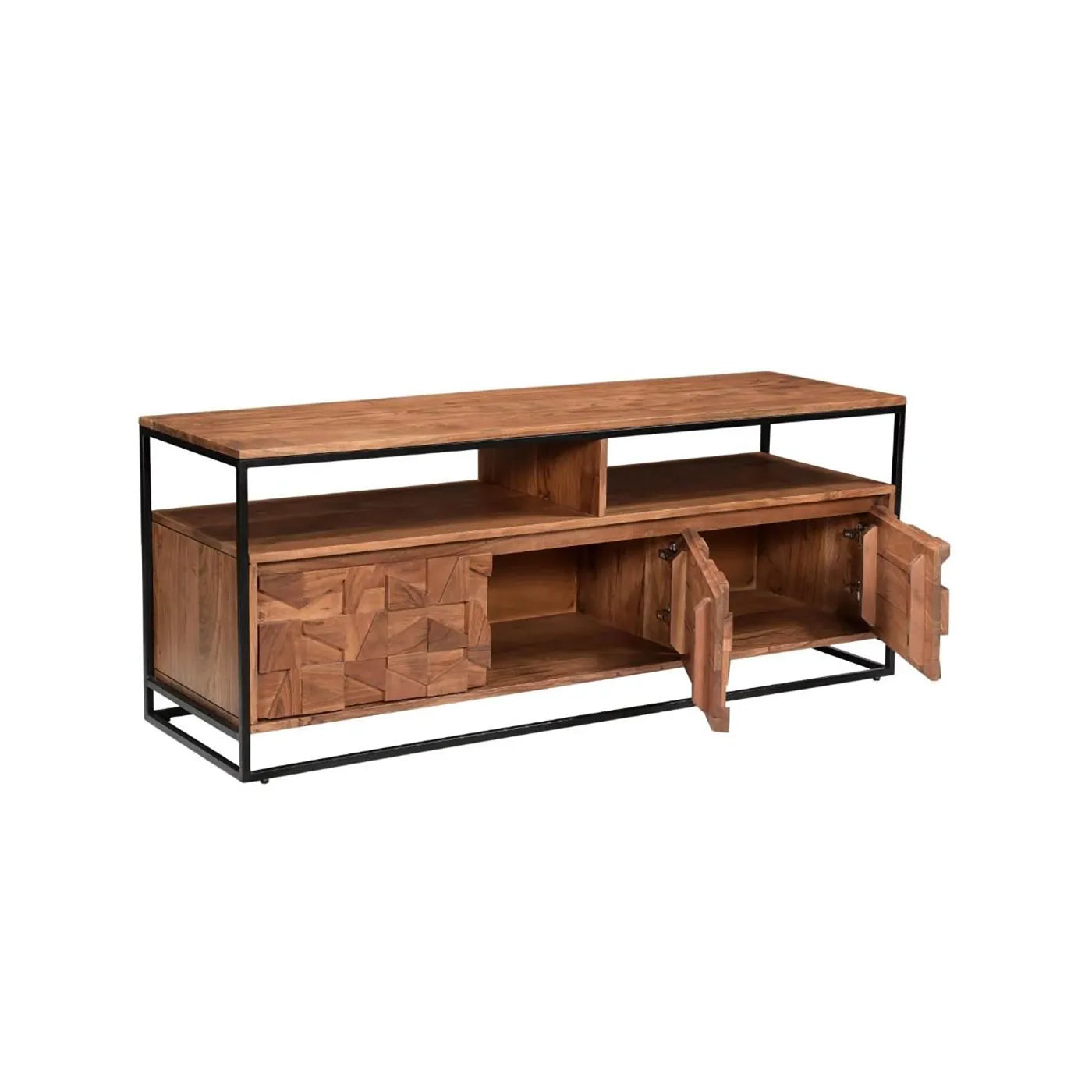 Angled View of Atticus Acacia Media Unit – carved 3D wood front, black metal frame, open shelf and storage cupboards. Modern, compact TV stand with bold design.
