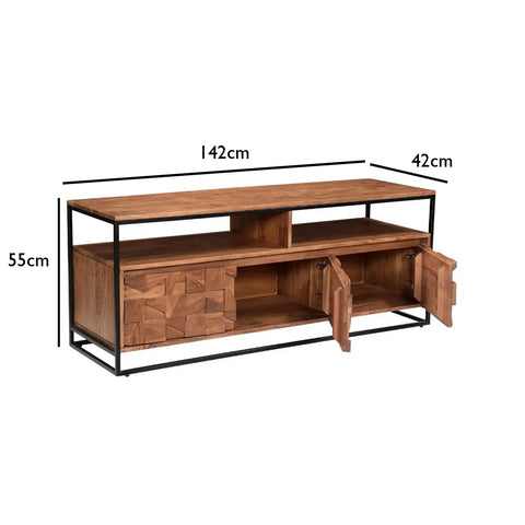 Dimensions of Atticus Acacia Media Unit – carved 3D wood front, black metal frame, open shelf and storage cupboards. Modern, compact TV stand with bold design.
