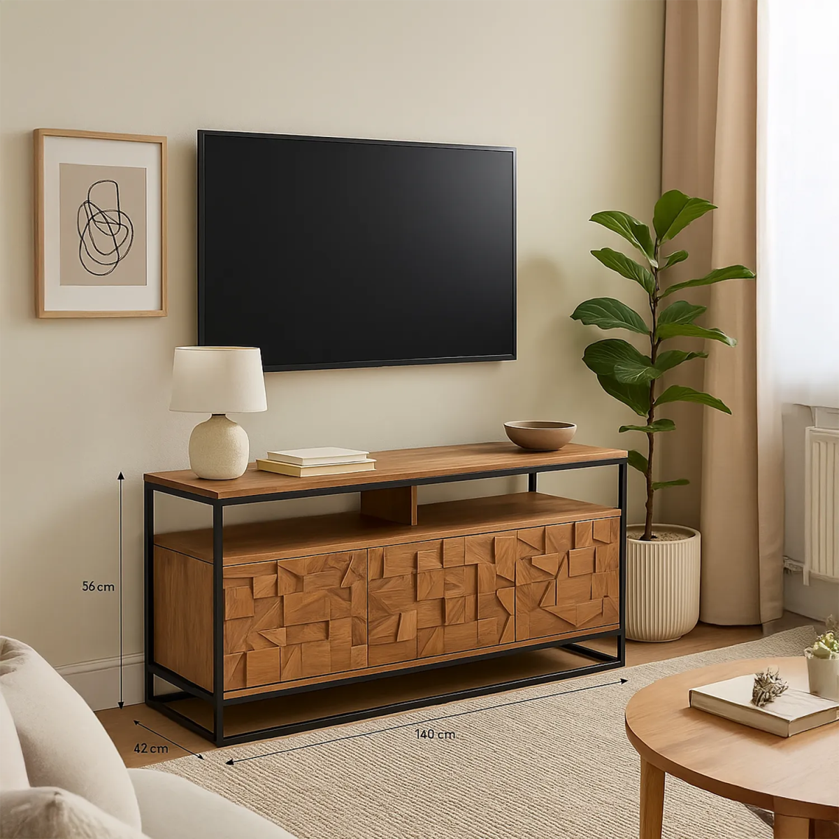 Atticus Acacia Media Unit – carved 3D wood front, black metal frame, open shelf and storage cupboards. Modern, compact TV stand with bold design styled in a room
