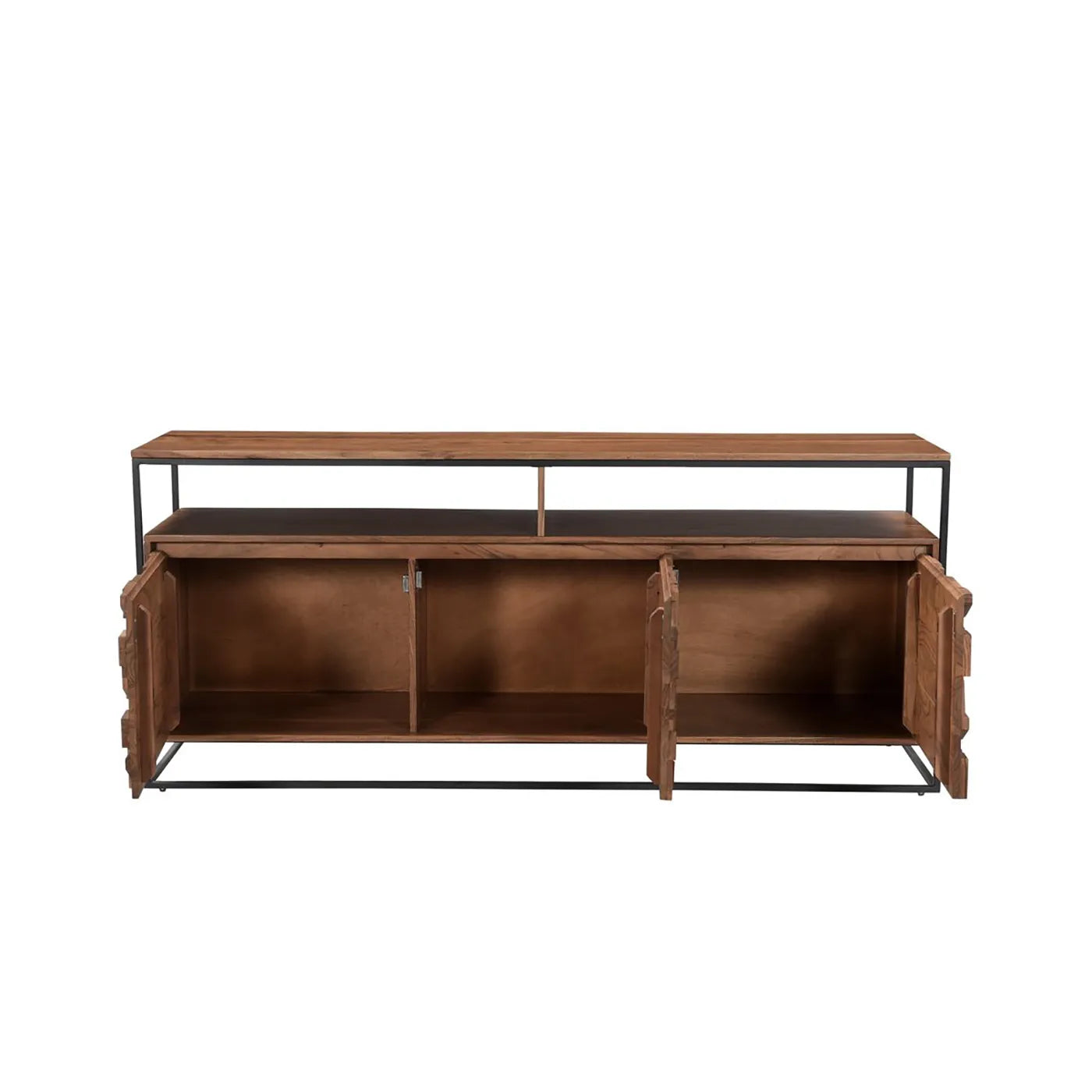 Atticus Large Acacia Wood Sideboard with Carved Block Detailing- Open Doors View