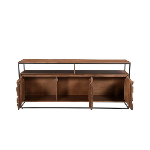 Atticus Large Acacia Wood Sideboard with Carved Block Detailing- Open Doors View