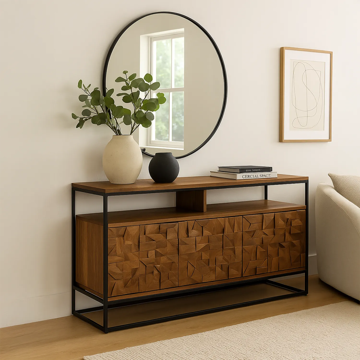 Styled in a Room Atticus Large Acacia Wood Sideboard with Carved Block Detailing