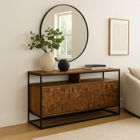 Styled in a Room Atticus Large Acacia Wood Sideboard with Carved Block Detailing