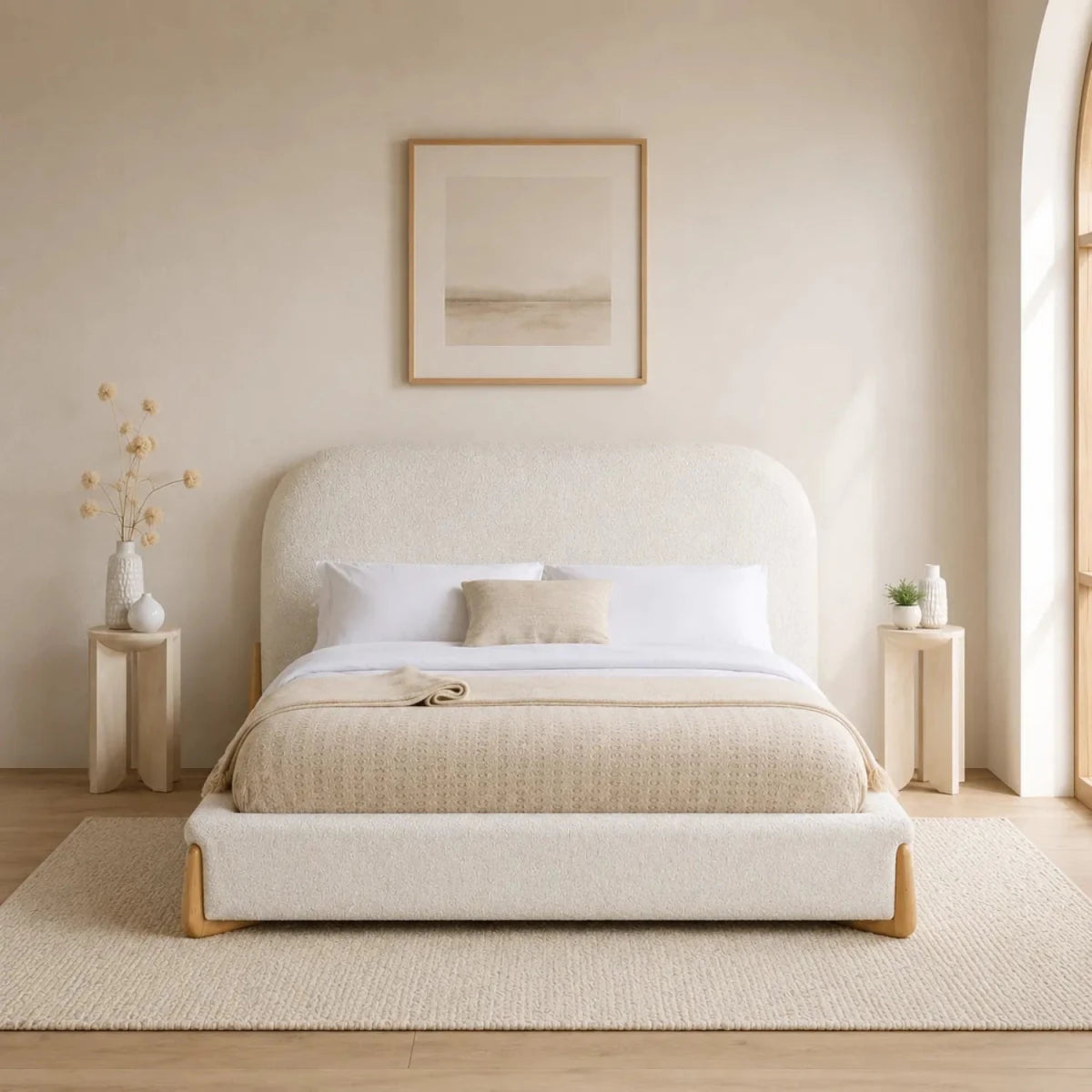 Contemporary bed with smooth curves and upholstered fabric finish.