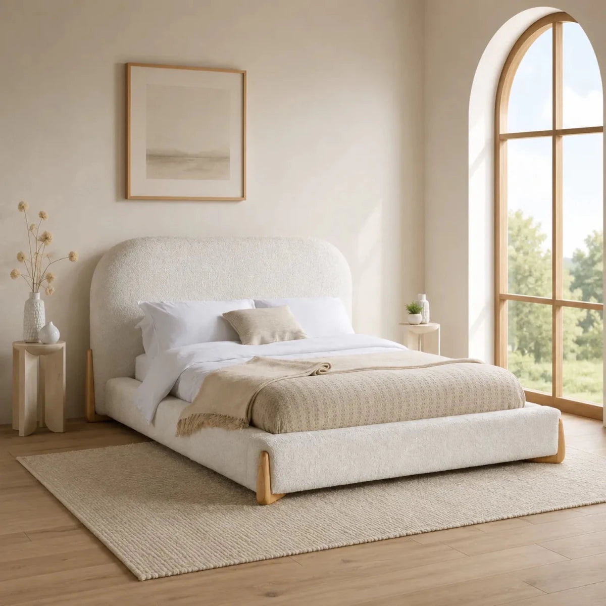 Contemporary bed with smooth curves and upholstered fabric finish.