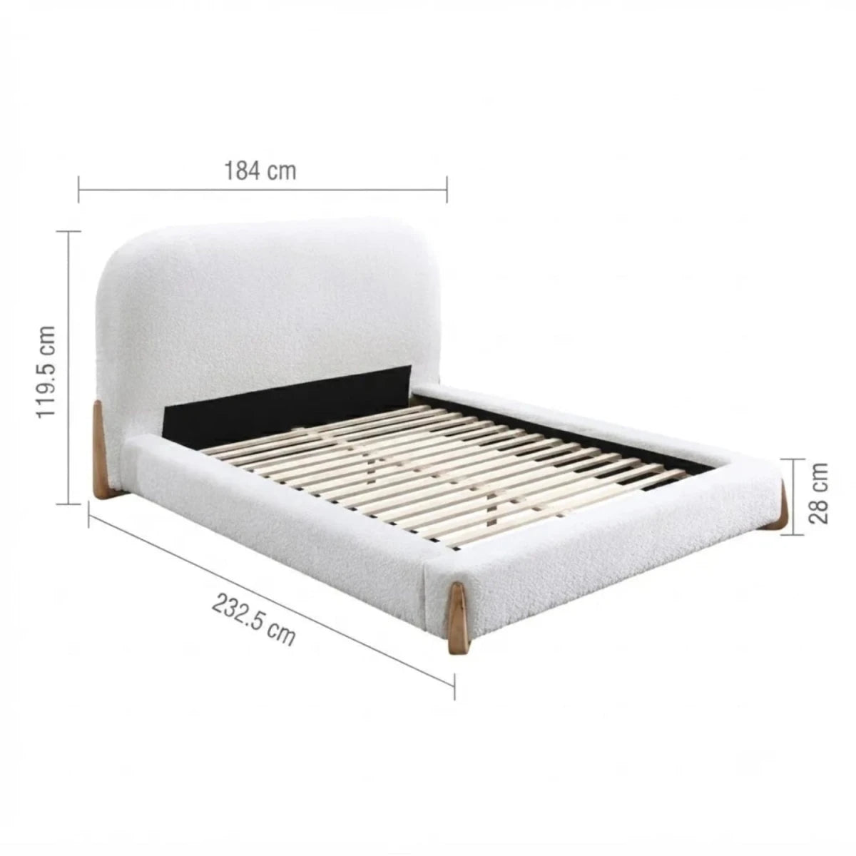 Detailed bed frame dimensions with headboard height information.