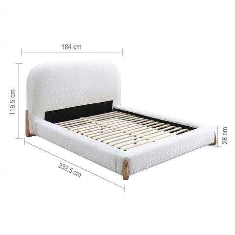 Detailed bed frame dimensions with headboard height information.