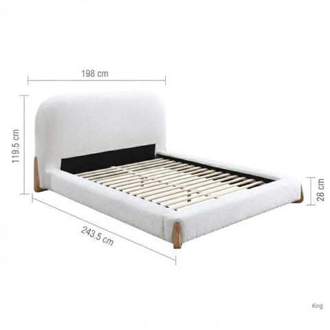 Detailed bed frame dimensions with headboard height information.